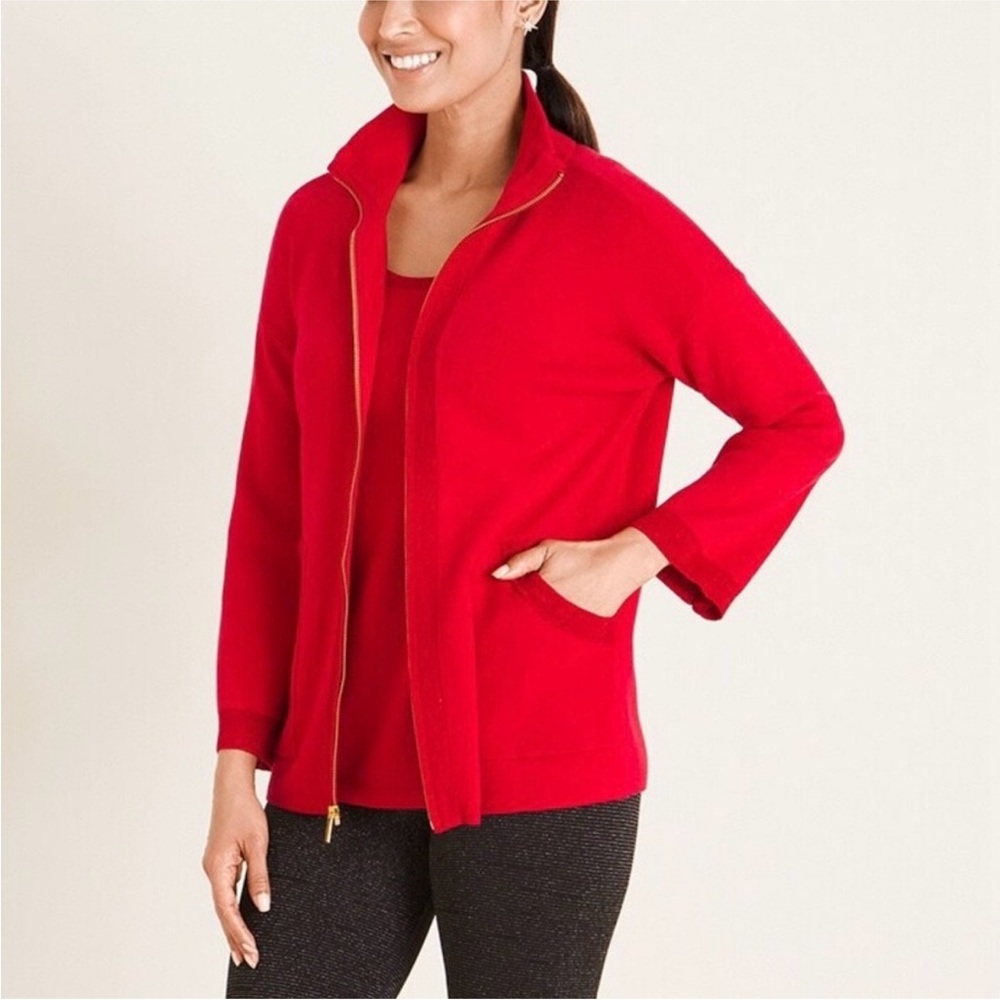 Chico's Zenergy Luxe Cotton Cashmere Lurex Sweater Jacket Red Size Large 12 EUC